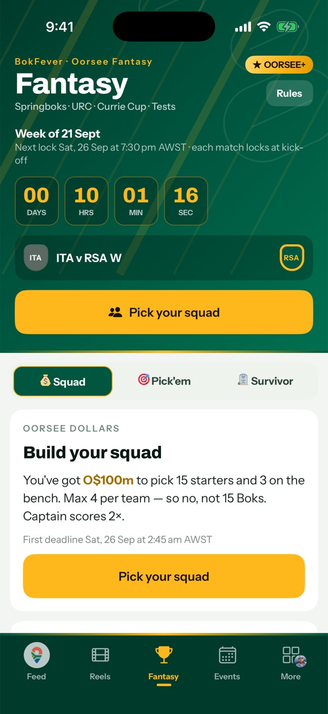 Oorsee Fantasy: round countdown, Oorsee Dollars squad game, Pick'em and Survivor